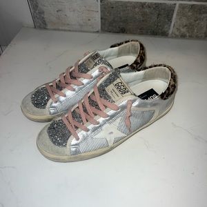 silver/gray golden goose with rhinestones, pink laces, glitter, and cheetah prin